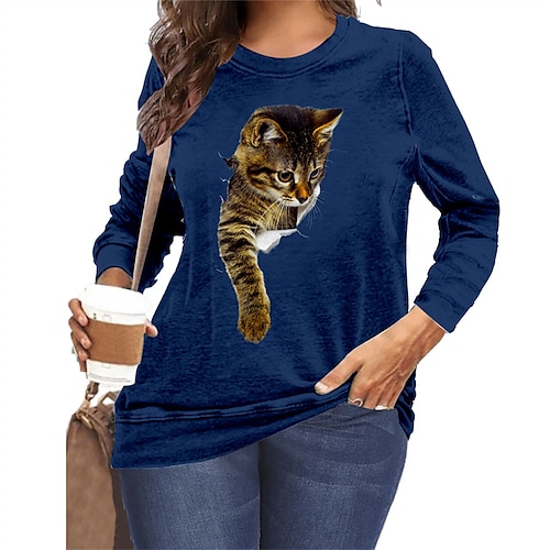 

Women's Plus Size Tops T shirt Tee Animal Cat Print Long Sleeve Round Neck Casual Daily Vacation Polyester Fall Winter Black Wine