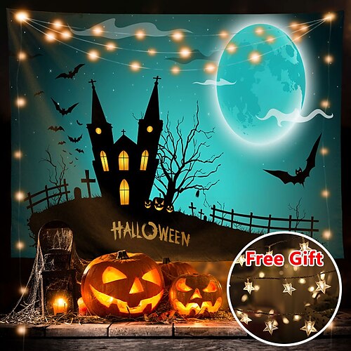 

Halloween Party Wall Tapestry Art Decor Blanket Curtain Hanging Home Bedroom Living Room Decoration Polyester Ghost Pumpkin Graveyard Bat Witch(with LED String Lights)