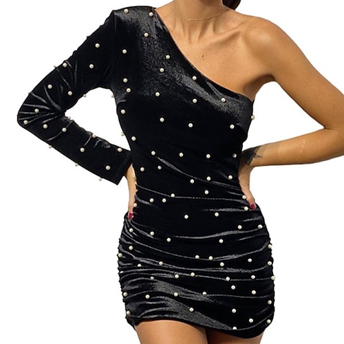 

Women's Velvet Dress Green Sheath Dress Green Black Long Sleeve Pure Color Cold Shoulder pearl Winter Fall One Shoulder Sexy Fall Dress Slim 2022 S M L XL XXL Winter Dress