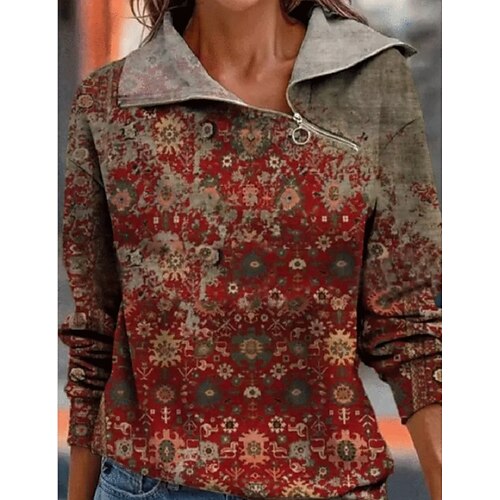 

Women's Sweatshirt Pullover Casual Retro Zipper Red Graphic Abstract Home Hoodie Long Sleeve S M L XL 2XL 3XL