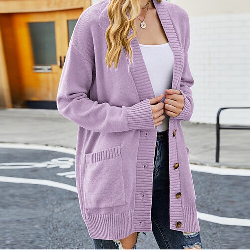 

Women's Cardigan Sweater Jumper Ribbed Knit Button Pocket Pure Color V Neck Stylish Casual Outdoor Daily Fall Winter Green Purple S M L / Long Sleeve