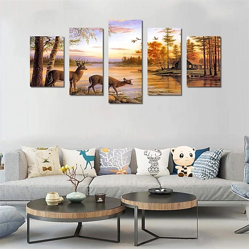 

5 Panels Landscape Prints Yellow Animal Deer Modern Wall Art Wall Hanging Gift Home Decoration Rolled Canvas Unframed Unstretched Painting Core