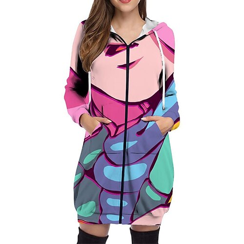 

Women's Hoodie Dress Winter Dress Green Yellow Fuchsia Red Long Sleeve Color Block Abstract Zipper Pocket Print Winter Fall Hooded Casual Fall Dress Loose Fit 2022 S M L XL XXL 3XL 4XL 5XL