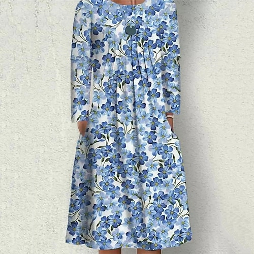 

Women's Casual Dress Shift Dress Midi Dress Blue Long Sleeve Floral Pocket Print Fall Winter Round Neck Casual Vacation 2022 S M L XL XXL 3XL