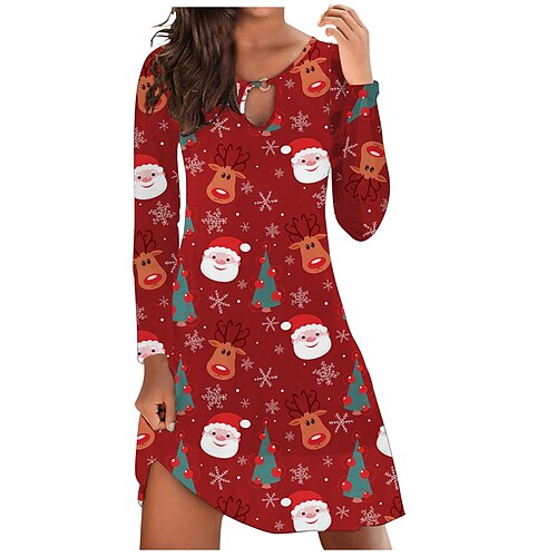

Women's Casual Dress A Line Dress Short Mini Dress Green Sky Blue Dark Blue Red Long Sleeve Christmas Tree Christmas hat Patchwork Print Fall Winter Crew Neck Casual Classic 2022 S M L XL 2XL 3XL