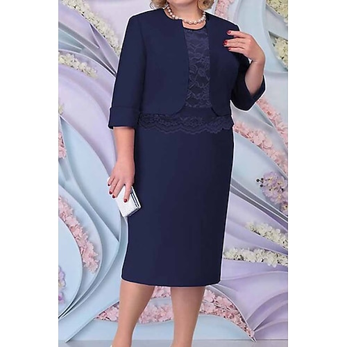 

Women's Plus Size Two Piece Dress Solid Color Crew Neck Lace Half Sleeve Fall Spring Work Midi Dress Party Work Dress