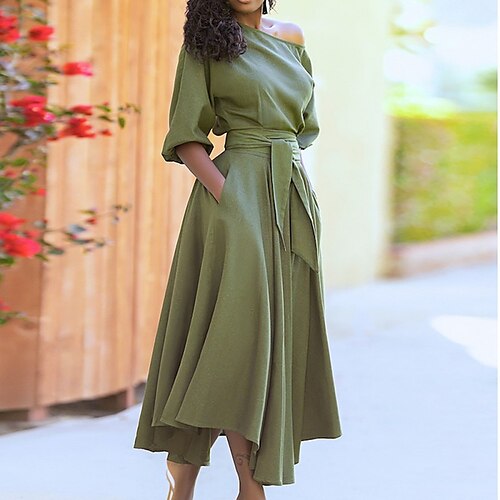 

Women's Casual Dress Swing Dress Vintage Dress Long Dress Maxi Dress claret Green Black Half Sleeve Pure Color Lace up Winter Fall Autumn Off Shoulder Modern Weekend Fall Dress 2022 S M L XL 2XL 3XL