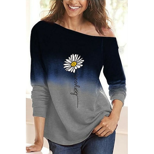 

Women's T shirt Tee Green Blue Purple Daisy Color Gradient Print Long Sleeve Holiday Weekend Basic Diagonal Neck Regular Floral Painting S / 3D Print
