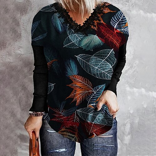 

Women's Plus Size Tops Blouse Shirt Leaf Floral Lace Print Long Sleeve V Neck Casual Daily Vacation Polyester Fall Winter Green Black