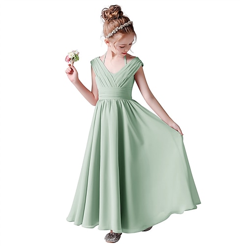 

Princess Floor Length V Neck Polyester / Cotton Blend Junior Bridesmaid Dresses&Gowns With Ruching Wedding Party Dresses 4-16 Year