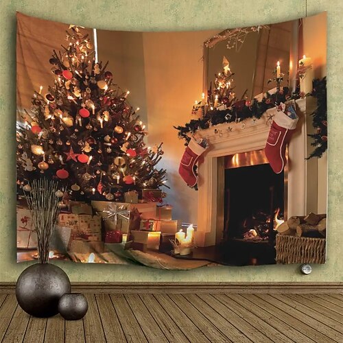 

Christmas Party Wall Tapestry Holiday Fireplace Tree Gift Art Decor Blanket Curtain Hanging Home Bedroom Living Room Decoration Polyester