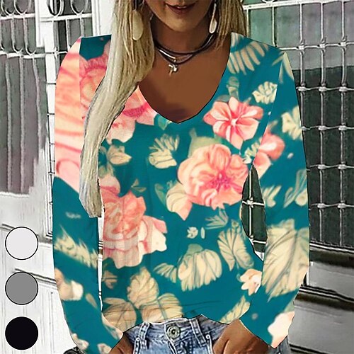 

Women's T shirt Tee Green Graphic Geometric Print Long Sleeve Casual Daily Vintage V Neck Regular Geometric Painting S / 3D Print