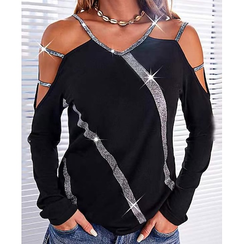 

Women's Blouse Shirt Black Striped Sparkly Cut Out Print Long Sleeve Daily Weekend Streetwear Casual V Neck Regular S / 3D Print