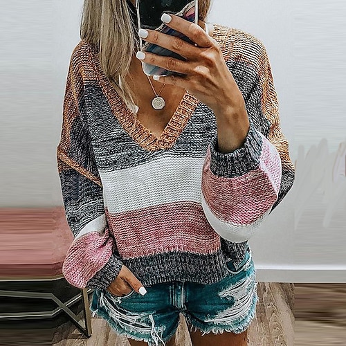 

Damen Pullover Strickwaren Grobstricken Stricken Tunika Strick Farbblock Tiefes V Stilvoll Casual Outdoor Täglich Winter Herbst Grün Blau Rosa S / Langarm / Festtage / Regular Fit / Ausgehen