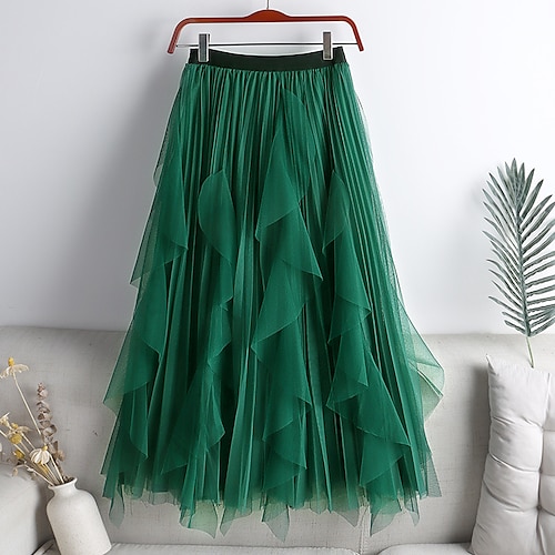 

Women's Skirt Swing Maxi Polyester Green Pink Brown Beige Skirts Spring & Fall Patchwork Layered Asymmetric Hem Lined Fashion Long Daily Date One-Size
