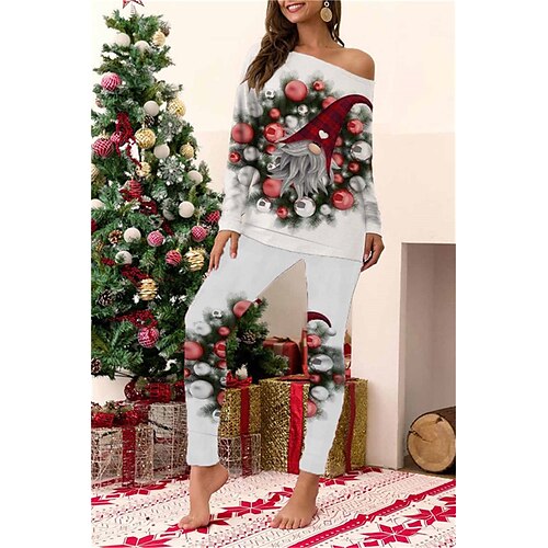 

Women's ChristmasPjs Pajamas Sets 2 Pieces Santa Claus Snowflake Comfort Soft Home Bed Cotton Spandex Jersey Long Sleeve T shirt Tee Pant Elastic Waist Winter Fall Red White