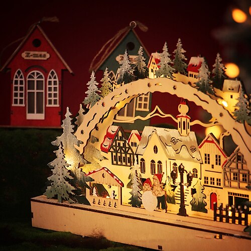 

Christmas Village Ornaments Luminous Wooden House Colorful LEDs Light DIY Wood Chalet Xmas Festival Holiday Decorations Gifts