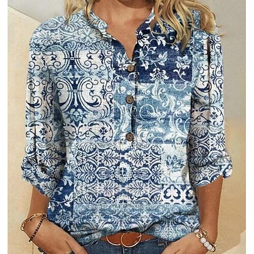 

Women's Blouse Shirt Blue Graphic Button Print Long Sleeve Casual Weekend Streetwear Standing Collar Regular S / 3D Print