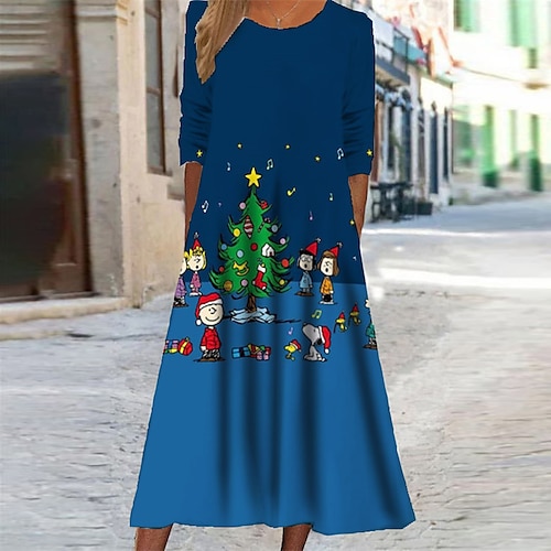 

Women's Christmas Casual Dress Swing Dress Midi Dress Dark Green Khaki Navy Blue Long Sleeve Tree Snowflake Candy Pocket Print Fall Winter Round Neck Vacation Casual 2022 S M L XL XXL 3XL