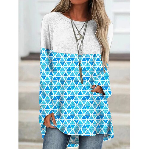 

Women's T shirt Tee Blue Pink Wine Geometric Print Long Sleeve Daily Weekend Basic Round Neck Long Geometric Painting S / 3D Print