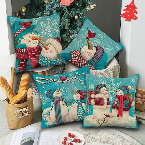 

Christmas Party Double Side Throw Pillow Cover 4PC Snowman Reindeer Wreath Soft Decorative Square Cushion Pillowcase for Bedroom Livingroom Sofa Couch Chair Machine Washable