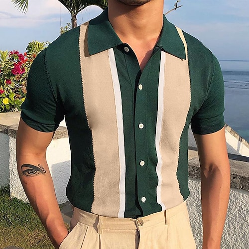 

Men's Collar Polo Shirt Knit Polo Sweater Striped Turndown Green Outdoor Street Short Sleeve Button-Down Clothing Apparel Casual