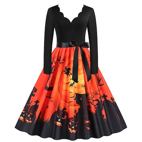 

Vestido feminino de uma linha vestido de balanço vestido na altura do joelho vermelho manga longa estampa abóbora arco de retalhos ruched outono inverno decote em v vintage moderno 2022 3xl