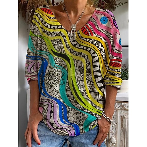 

Women's T shirt Tee Green Blue Yellow Graphic Print 3/4 Length Sleeve Casual Daily Basic V Neck Regular Painting S / 3D Print