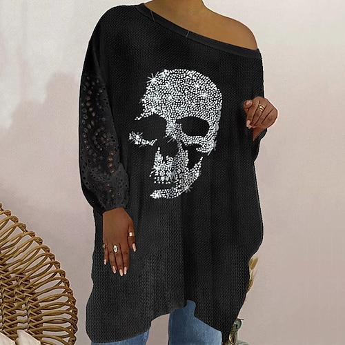 

Women's Plus Size Tops T shirt Tee Skull Print Long Sleeve One Shoulder Vintage Casual Festival Halloween Halloween Daily Cotton Spandex Jersey Fall Winter Black Blue