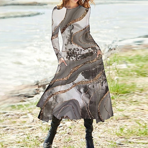 

Women's Casual Dress Swing Dress Midi Dress Gray Long Sleeve Color Gradient Pocket Print Fall Winter Round Neck Vacation Casual 2022 S M L XL XXL 3XL