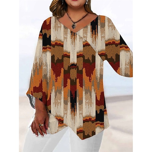 

Women's Plus Size Tops Blouse Shirt Geometry Print Long Sleeve V Neck Casual Daily Going out Polyester Fall Winter Blue Purple / 3D Print