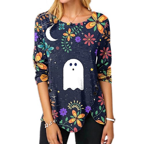 

Women's T shirt Tee Navy Blue Floral Button Print Long Sleeve Halloween Weekend Basic Round Neck Regular Floral Painting S / 3D Print