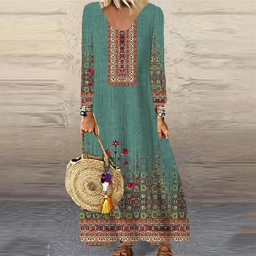 

Women's Casual Dress Shift Dress Maxi long Dress Green Long Sleeve Floral Print Fall Winter V Neck Vacation Casual 2022 XS S M L XL XXL 3XL 4XL 5XL 6XL / 3D Print