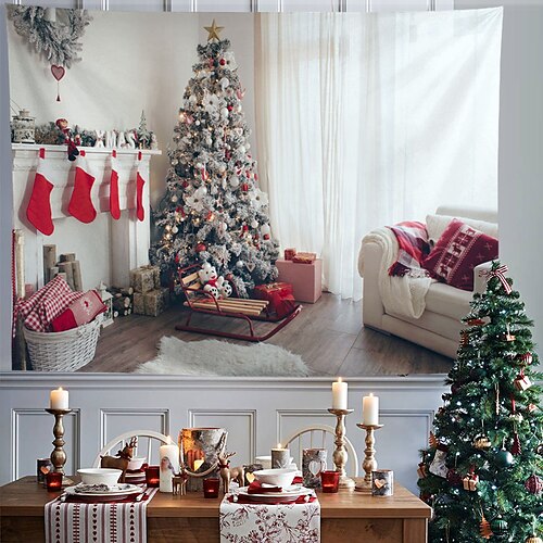 

Christmas Party Wall Tapestry Photography Background Holiday Santa Claus Snowman Nutcracker Tree Gift Art Decor Blanket Curtain Hanging Home Bedroom Living Room Decoration Polyester