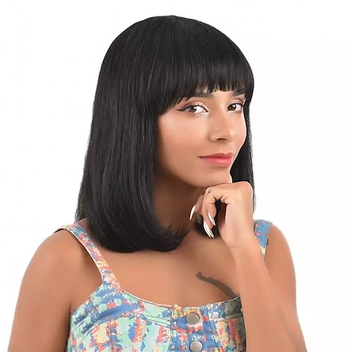 

Remy Human Hair Wig Silky Straight With Bangs Natural Women Sexy Lady New Capless Indian Hair Women's Natural Black #1B 12-18 inch