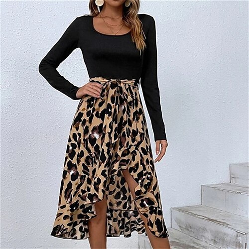 

Women's Casual Dress A Line Dress Midi Dress Black Long Sleeve Leopard Split Lace up Ruffle Fall Winter U Neck Fashion Classic 2022 S M L XL