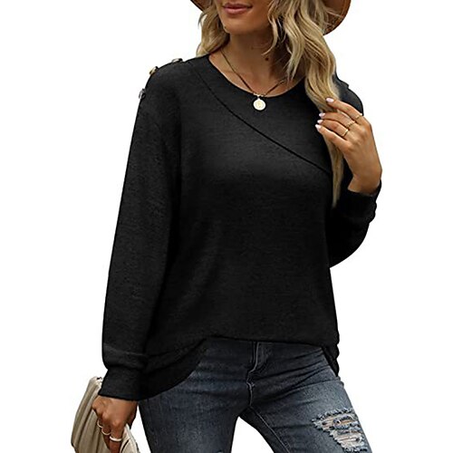 

Women's Blouse Shirt Green Khaki Dark Gray Plain Long Sleeve Daily Weekend Streetwear Casual Round Neck Regular S