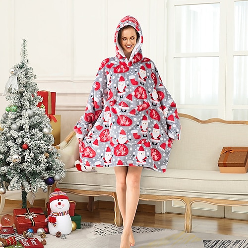 

Women's Christmas Pajamas Winter Nightgown Wearable Blanket Hoodie Blanket Animal Cartoon Comfort Oversized Plush Home Bed Flannel Hoodie Long Sleeve Winter Fall Khaki Red