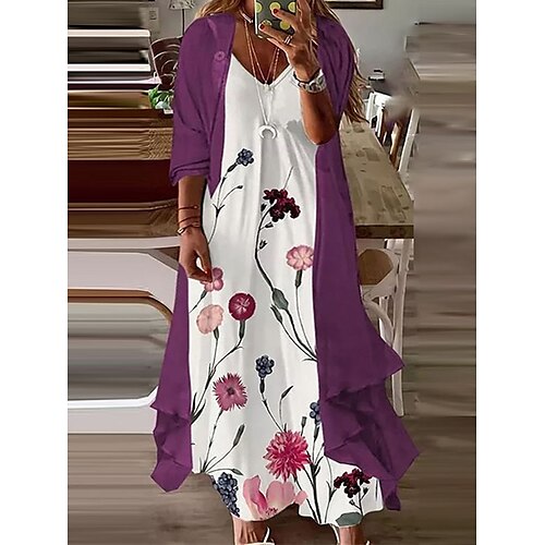 

dame plus size elegant epleformet kjole bryllup gjest fritidskjole floral v-hals print erme vår høst uformell maxi lang kjole uformell hverdagskjole