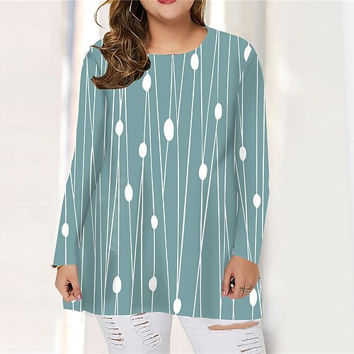 

Women's Plus Size Tops T shirt Tee Floral Print Long Sleeve Crew Neck Casual Daily Going out Cotton Spandex Jersey Fall Winter Blue / 3D Print