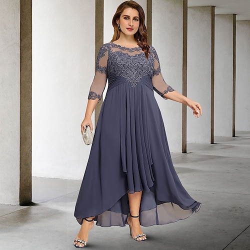 

A-Line Plus Size Curve Mother of the Bride Dresses Elegant Dress Formal Asymmetrical 3/4 Length Sleeve Jewel Neck Chiffon with Pleats Ruched Appliques 2022