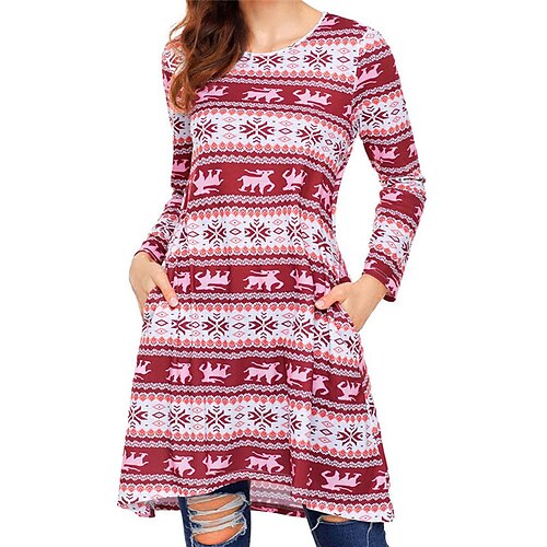 

Women's Christmas Casual Dress T Shirt Dress Tee Dress Short Mini Dress Black And White Wine Dark Blue Red Long Sleeve Elk Snowflake Print Fall Winter Crew Neck Stylish Modern 2022 S M L XL XXL