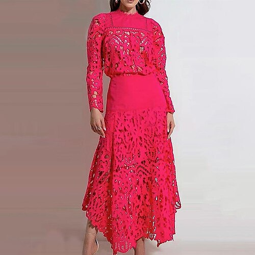 

Women's A Line Dress Maxi long Dress Green White Pink Long Sleeve Pure Color Hollow Out Fall Winter Round Neck Casual 2022 S M L XL 2XL 3XL