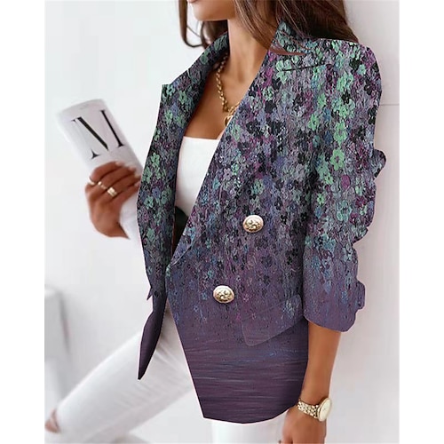 

Women's Blazer Breathable Formal Office Work with Pockets Print Double Breasted Turndown Elegant Formal Modern Office / career Flower Regular Fit Outerwear Long Sleeve Winter Fall Blue Purple Dark