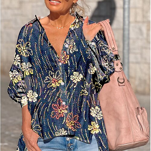 

Women's Blouse Shirt Navy Blue Floral Button Asymmetric Long Sleeve Daily Weekend Streetwear Casual Shirt Collar Regular Floral S / 3D Print / Print