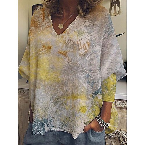 

Women's T shirt Tee Yellow Tie Dye Print Long Sleeve Daily Weekend Basic V Neck Regular Loose Fit Abstract Painting S / 3D Print