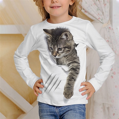 Kinderen Voor meisjes T-shirt Lange mouw 3D-afdrukken dier Kat Wit Zwart Grijs Kinderen Tops Herfst Winter Actief Sport Modieus Buiten Dagelijks Voor Binnen Normale pasvorm 3-12 jaar