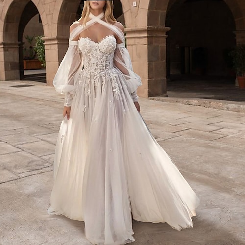 

A-Line Wedding Dresses Strapless Sweep / Brush Train Tulle Sleeveless Country Beach Sexy Backless Illusion Sleeve with Pleats Appliques 2022