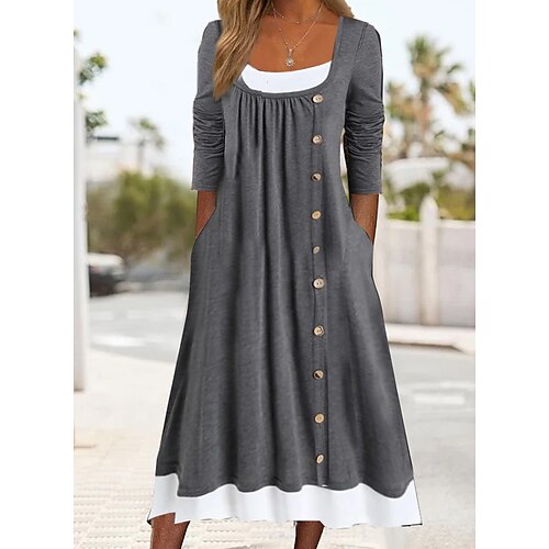 

Women's Casual Dress Swing Dress Midi Dress Dark Gray Half Sleeve Color Block Ruched Winter Fall Autumn Square Neck Modern Weekend 2022 S M L XL XXL 3XL