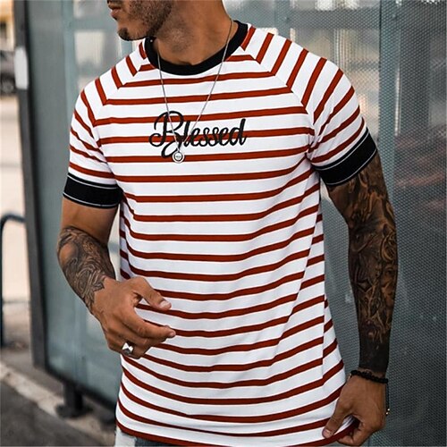 

Men's Unisex T shirt Tee Striped Graphic Prints Crew Neck Red Short Sleeve 3D Print Outdoor Street Print Tops Sports Casual Classic Big and Tall / Summer / Summer